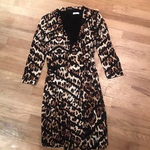 Wrap front print jersey dress lined back zip 3/4sl